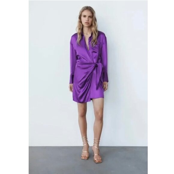 Zara Satin Effect Purple Wrap Dress Mini Medium - Picture 3 of 15